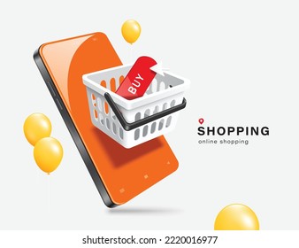 buy and cursor icon place in white shopping basket and all display on smartphone screen and balloons floating around,vector 3d isolated on white background for online shopping concept design