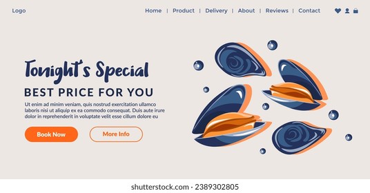 Buy delicacies at special prices. Oysters and mussels with minerals and healthy elements, vitamins of group B, and proteins. Website landing page template, online site. Vector in flat styles