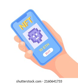 Buy digital art NFT non fungible tokens сoncept. Hand holding smartphone with art object on the screen. Internet marketplace and crypto art technology. Flat style vector illustration