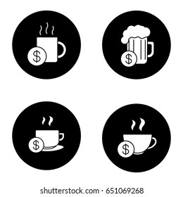 Buy drinks glyph icons set. Beer glass, hot steaming mugs price with dollar sign. Vector white silhouettes illustrations in black circles