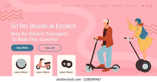 Buy electric transport to ride this summer, get free delivery. Choose scooter or motorcycle, bike in online shop or store with assortment. Website landing page template, internet web. Vector in flat 