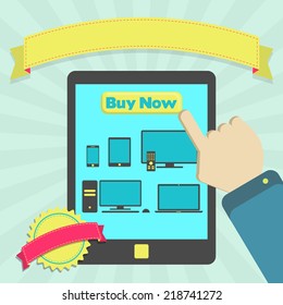 Buy electronic equipment through mobile. Buy electronic equipment online through mobile. Colorful artwork. Blank ribbon and stamp for insert text.