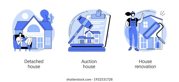 Buy family home abstract concept vector illustration set. Detached and auction house, house renovation, residential and commercial property remodeling, house listing, design project abstract metaphor.
