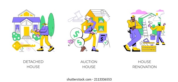 Buy family home abstract concept vector illustration set. Detached and auction house, house renovation, residential and commercial property remodeling, house listing, design project abstract metaphor.