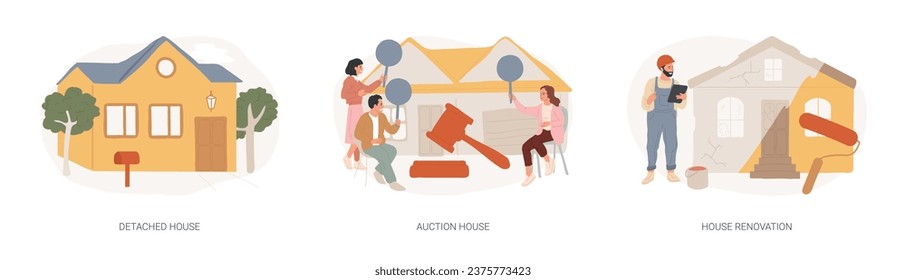 Buy family home isolated concept vector illustration set. Detached and auction house, house renovation, residential and commercial property remodeling, house listing, design project vector concept.