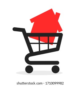 Buy Family House And Real Estate - Shopping Cart With Residential Building. Vector Illustration Isolated On White.