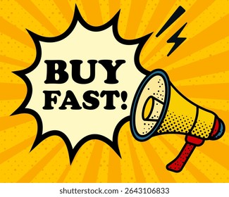 Comprar burbuja de discurso rápido. Megáfono, relámpago, estallido del discurso, líneas de sonido, estilo de arte pop, altavoz, hablar en público, fondo amarillo, expresión, voz, alerta, transmisión