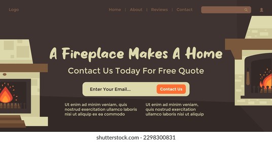 Buy fireplace for home, contact us today for free quote. Website page with information about company services and discounts for clients. Purchase or order installation now. Vector in flat style