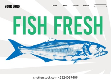 Buy Fish online in shop, fresh and frozen fish delivery and order in store on website with information of product. Dieting and nutrition, meal and nourishment. Monochrome vector in flat style