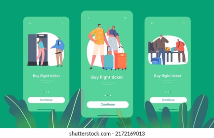 Buy Flight Ticket Mobile App Page Onboard Screen Template. Characters in Airport Pass through Metal Detector Security Frame and Baggage Scanner, Passengers Concept. Cartoon People Vector Illustration