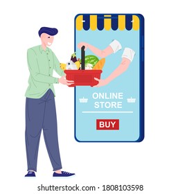 Buy food on mobile app using phone. Delivery online grocery order from smartphone. Young man receives food order. Flat vector illustration.