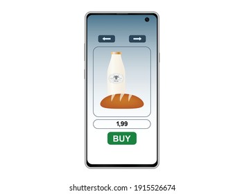 Buy food on the phone, online shopping, vector illustration