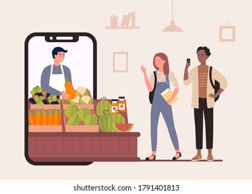 Compra alimentos en la ilustración vectorial de la tienda de la granja en línea. Dibujo de personajes felices comprando, gente comprando verduras y frutas orgánicas, usando aplicaciones de smartphones granjeros tienda antecedentes publicitarios