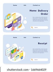 Buy food online and meal delivery. Pay for food online and get receipt. Vector web site design template. Landing page website concept isometric illustration