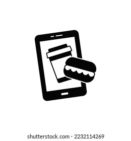 Buy food with phone icon in black flat glyph, filled style isolated on white background