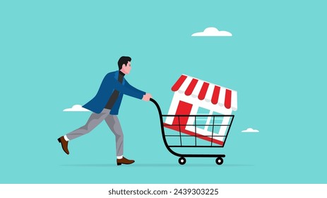 buy a franchise illustration with businessman push shopping carts containing franchise icons concept vector illustration