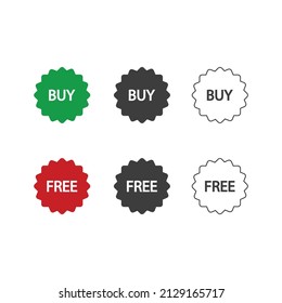 Buy and Free flat design or Buy and Free icons. 3 style of buy and free icons isolated on white background.