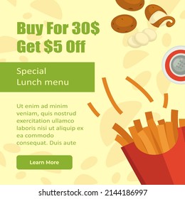 Buy french fries on special price, promotion, and reduction of cost on fast food. Website with info about discounts. Announcement of restaurant or shop supermarket site. Vector in flat style
