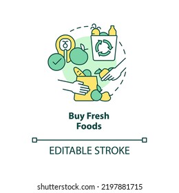 Buy fresh foods concept icon. Switching to zero-waste lifestyle abstract idea thin line illustration. Purchase groceries. Isolated outline drawing. Editable stroke. Arial, Myriad Pro-Bold fonts used