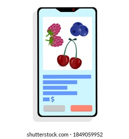 Buy fruit online, smartphone on a white background. Phone with cherries, raspberries and blueberries, online stores. Remote purchases. Vector illustration in flat style.