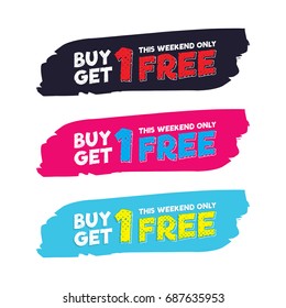 Buy Get 1 Free tag design for banner or poster. Sale and Discounts Concept. Vector illustration.