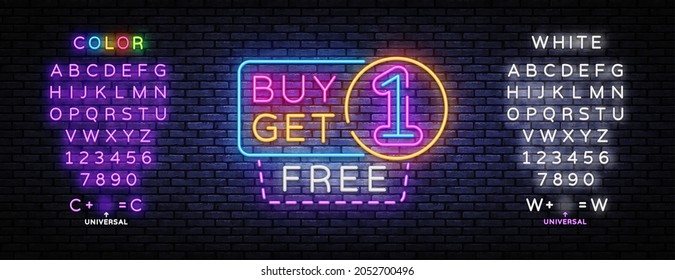 Buy Get One Free Neon Sign Vector. Sale Neon inscription, design template, modern trend design, night signboard, night bright advertising. Vector illustration. Editing text neon sign