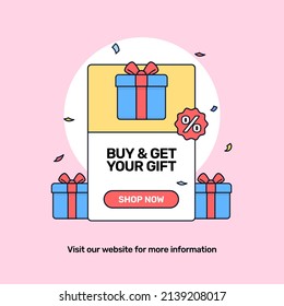 Buy and get reward social media online shop marketing promotion with gift box vector outline illustration