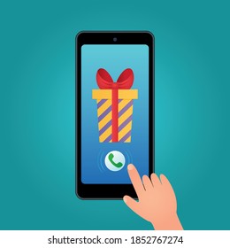 Buy a gift in the mobile application via your phone. Delivery of a gift online by ordering from a smartphone in a gift box. Flat vector illustration.