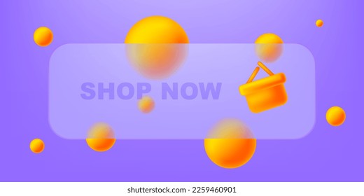 Buy glassmorphic button, store discount advertising illustration. Shop now push element in modern glassmorphism style.