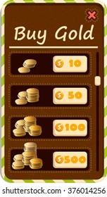 Buy gold, coins. Vector design for app user interface. Complete set of graphical user interface (GUI) to build 2D video games