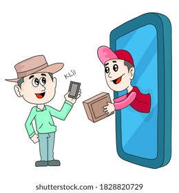 buy goods online from the smartphone application. cartoon illustration sticker