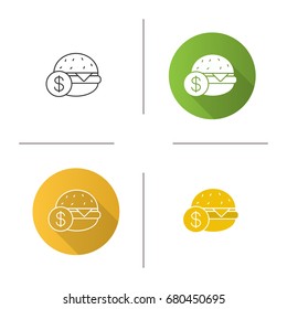 Buy hamburger icon. Flat design, linear and color styles. Burger price. Isolated vector illustrations