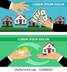 Buy home banners collections. Businessman hands giving money and taking house building, vector illustration