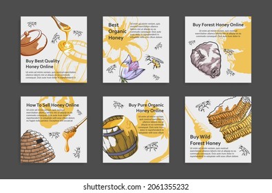 Buy honey online poster set vector engraved illustration. Advertisement placard with bee, honeycomb and hive. Internet shop design template with natural sweet food farming organic dessert product