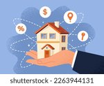 Buy house concept. Businessmans hand holding real estate. Financial literacy and passive income, investing. Deal sale, property purchase, agency. Rent and mortage. Cartoon flat vector illustration