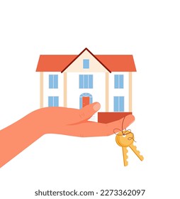Buy a house concept. Man holding a house and key in hand. Deal sale, offer, property purchase, real estate agency, mortgage loan, buy a home, handover of house keys. Modern flat vector illustration