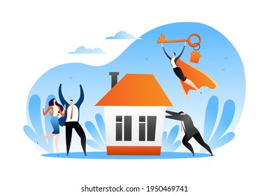 Compra concepto de casa, ilustración vectorial. Bienes inmuebles para hombre pareja, alquiler y venta de inmuebles. Inversión en apartamento