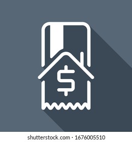 Buy house, credit card and receipt with dollar sign. White flat icon with long shadow on blue background