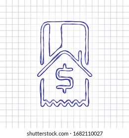Buy house, credit card and receipt with dollar sign. Hand drawn picture on paper sheet. Blue ink, outline sketch style. Doodle on checkered background