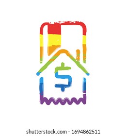 Buy house, credit card and receipt with dollar sign. Drawing sign with LGBT style, seven colors of rainbow (red, orange, yellow, green, blue, indigo, violet