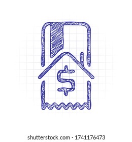 Buy house, credit card and receipt with dollar sign. Hand drawn sketched picture with scribble fill. Blue ink. Doodle on white background
