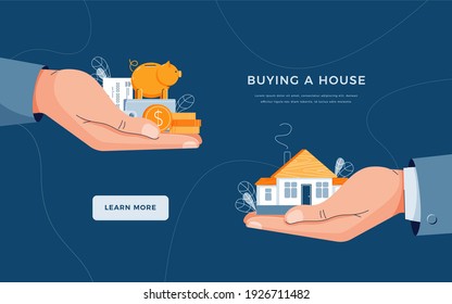 Compra una plantilla de página de inicio de casa. El vendedor da casa al cliente. El comprador aporta dinero para la compra de viviendas. Venta de bienes inmuebles, hipoteca. Ilustración vectorial plana