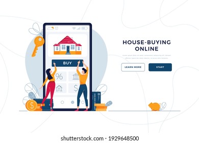 Buy a house online landing page template. Couple buying new home, touching the button on smartphone screen. Home-buying, property digital purchase concept. Flat cartoon vector illustration