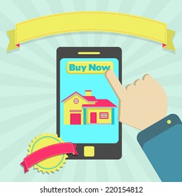 Buy house online through phone. Buy house online through phone. Colorful artwork. Blank ribbon and stamp for insert text.