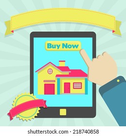 Buy House Online Through Tablet. Buy House Online Through Tablet. Colorful Artwork. Blank Ribbon And Stamp For Insert Text.