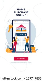 Buy a house online web banner template. Couple buying new home, touching the button on smartphone screen. Home-buying, property digital purchase concept for website. Flat cartoon vector illustration