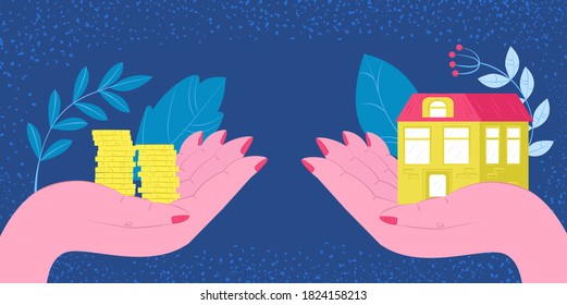 Buy house, real estate investment or housing payment vector illustration. Buying new house metaphor with home and gold coins on hands. Rent or buy residental property, mortgage, loan, investment.