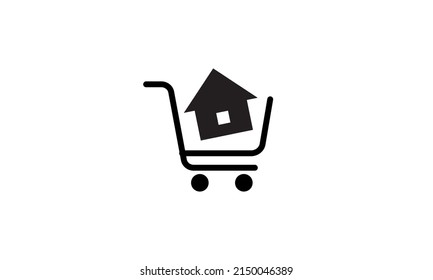 Buy house and real estate - shopping cart. Home Sale loan concept, rent, buying a property, building. Logo design Vector illustration icon isolated