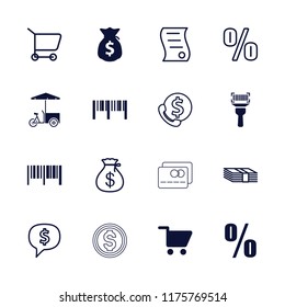 Buy icon. collection of 16 buy filled and outline icons such as barcode, fast food cart, shopping cart, money sack, money sack, money. editable buy icons for web and mobile.