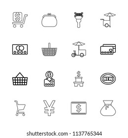 Buy icon. collection of 16 buy outline icons such as credit card, put money on card, new, shopping bag, dollar, sack, purse. editable buy icons for web and mobile.